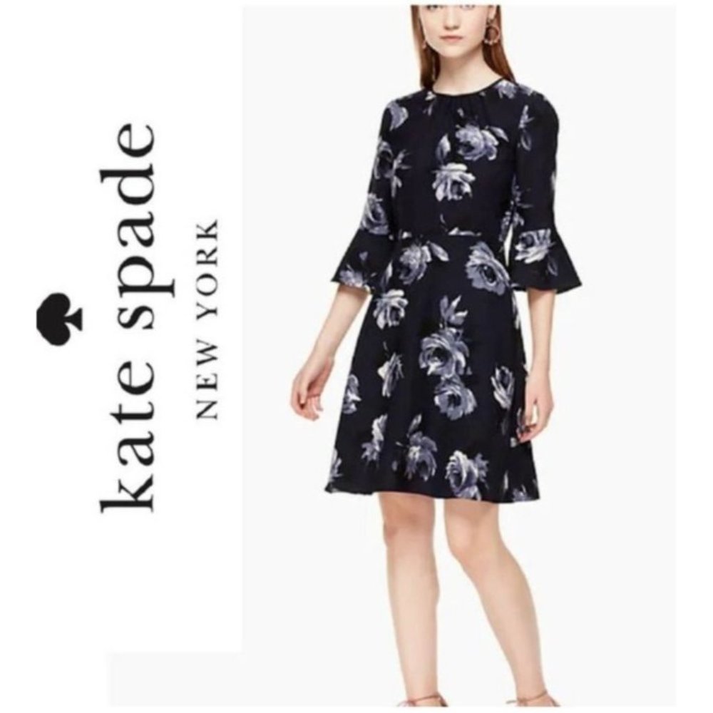Kate Spade A Line Dress 2 Night Rose Blue Floral Crepe Career Church $398